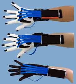 ShapeHand attached to 3 different sized hands/gloves ranging from XL to XS